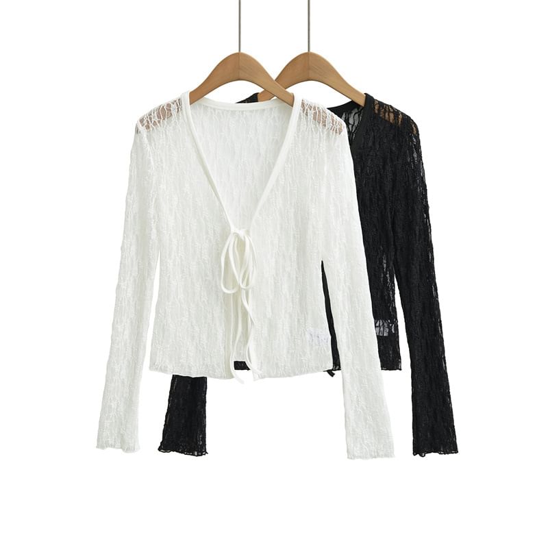 Long-Sleeve V-Neck Lace Tie Front Top