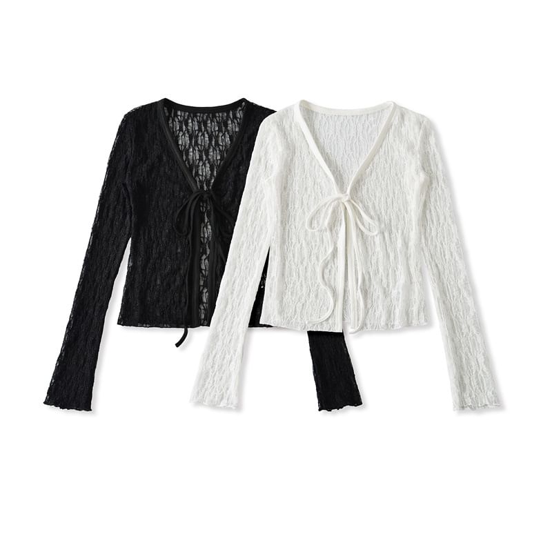 Long-Sleeve V-Neck Lace Tie Front Top