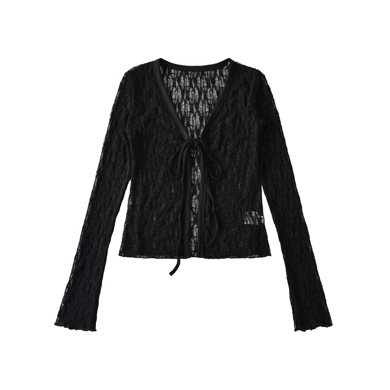 Long-Sleeve V-Neck Lace Tie Front Top