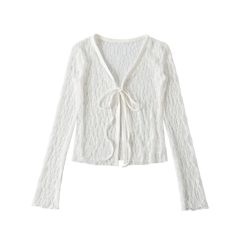 Long-Sleeve V-Neck Lace Tie Front Top