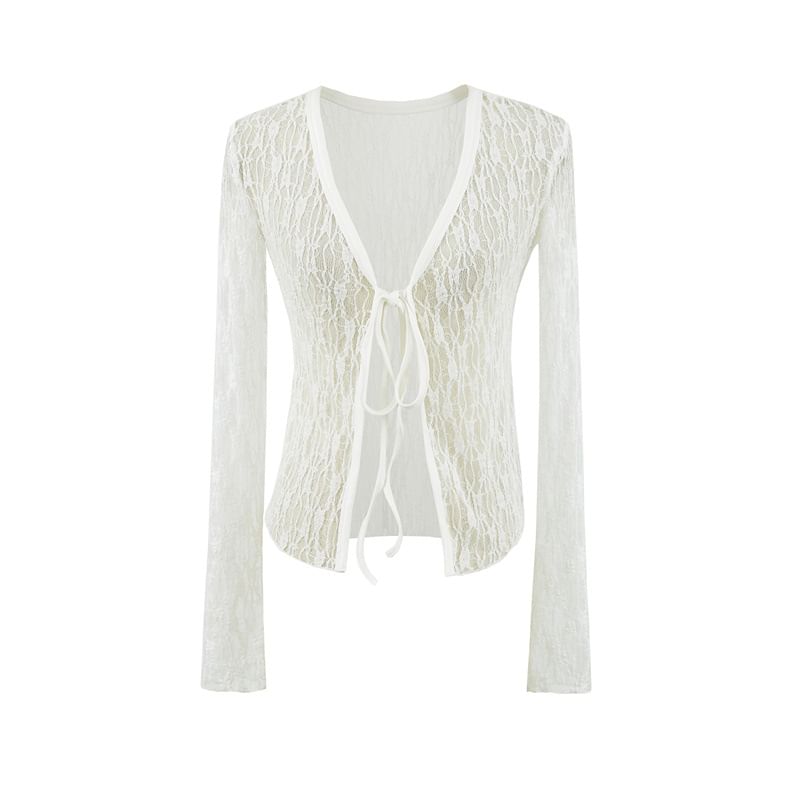 Long-Sleeve V-Neck Lace Tie Front Top