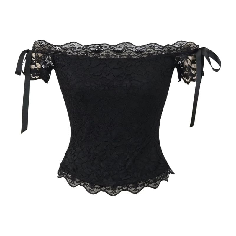 Short-Sleeve Off Shoulder Plain Lace Crop Top