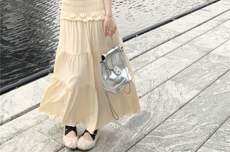 Cap-Sleeve V-Neck Plain Ruffle Trim Crop Top / Mid Rise Plain Maxi A-Line Skirt