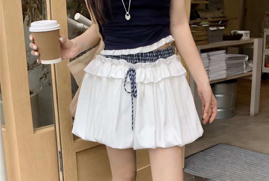 Double Waist Plaid Panel Mini Bubble A-Line Skirt