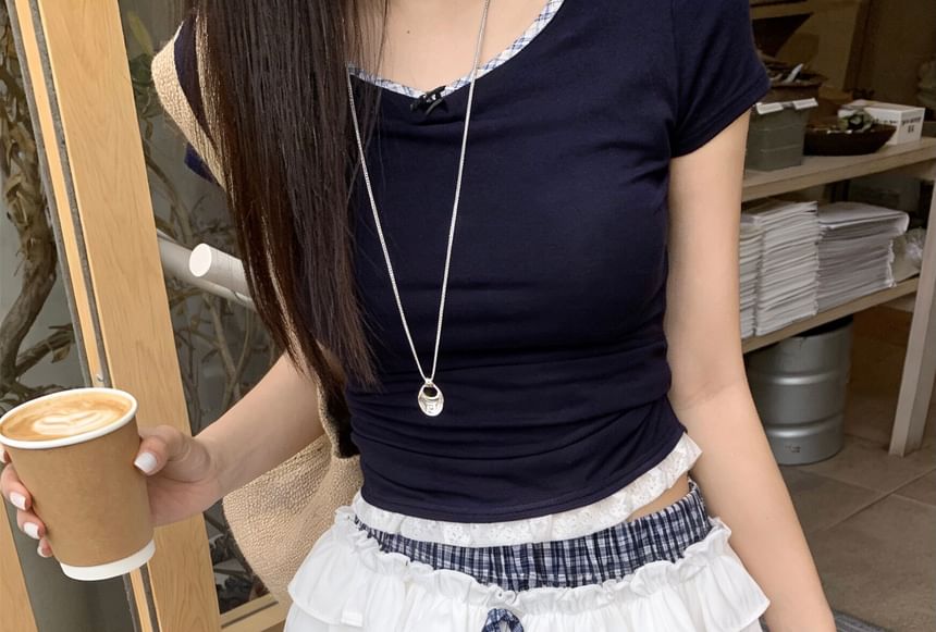 Double Waist Plaid Panel Mini Bubble A-Line Skirt