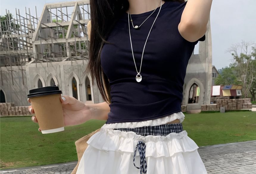 Double Waist Plaid Panel Mini Bubble A-Line Skirt