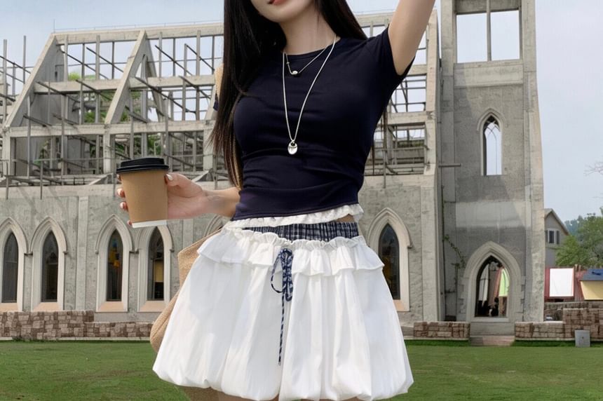 Double Waist Plaid Panel Mini Bubble A-Line Skirt
