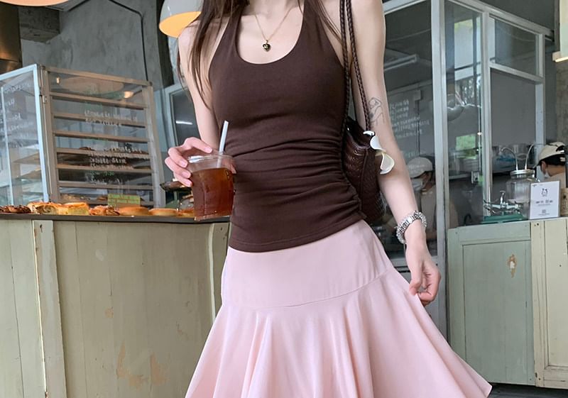 Mid Rise Plain Asymmetrical Midi A-Line Skirt