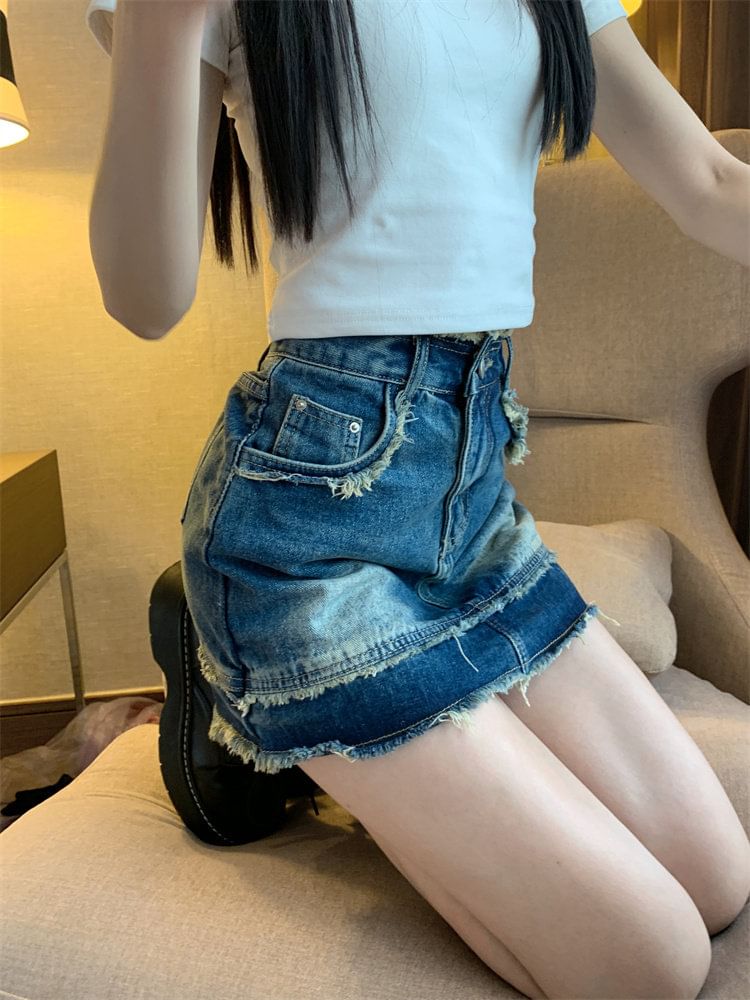 Mid Rise Washed Denim Mini A-Line Skirt