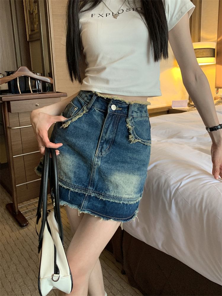 Mid Rise Washed Denim Mini A-Line Skirt