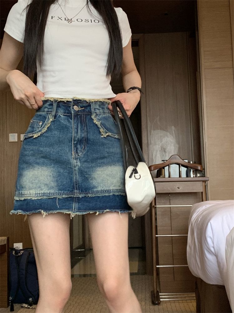 Mid Rise Washed Denim Mini A-Line Skirt