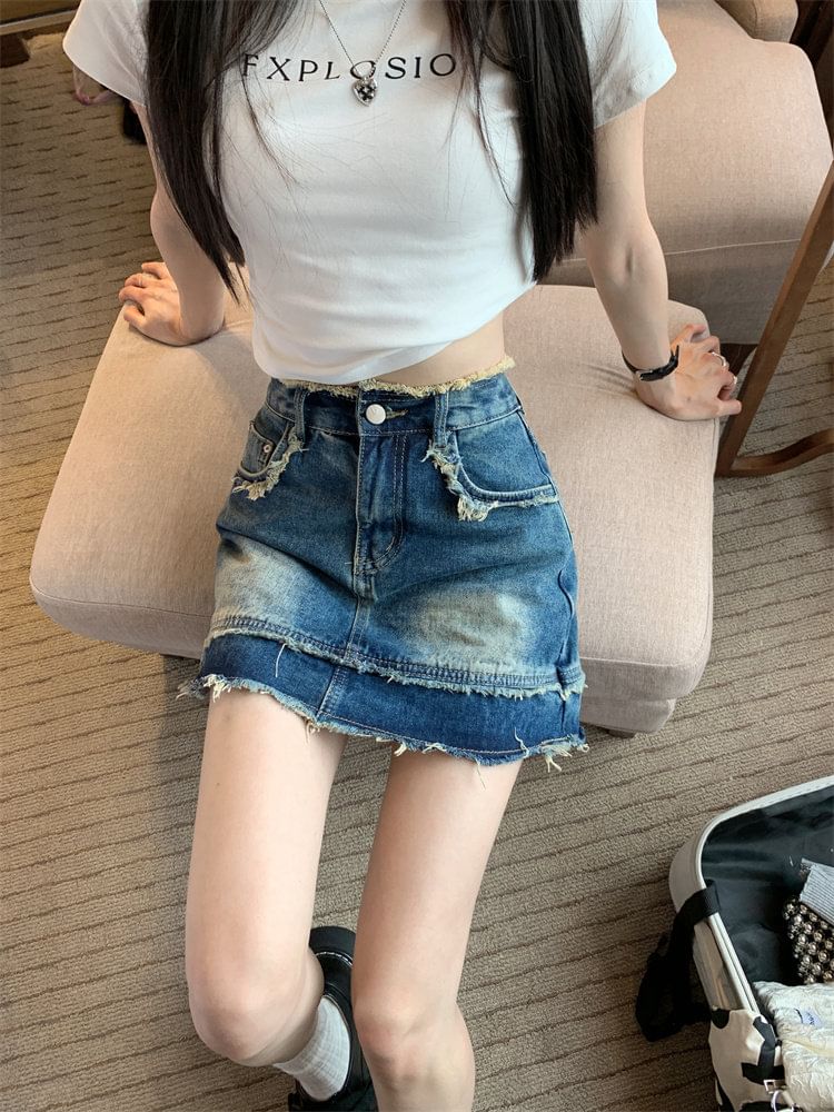 Mid Rise Washed Denim Mini A-Line Skirt