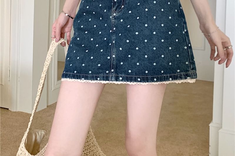 Mid Rise Dotted Denim Mini A-Line Skirt