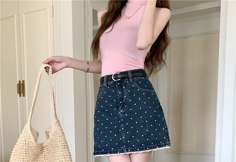 Mid Rise Dotted Denim Mini A-Line Skirt