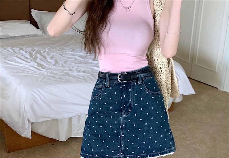 Mid Rise Dotted Denim Mini A-Line Skirt