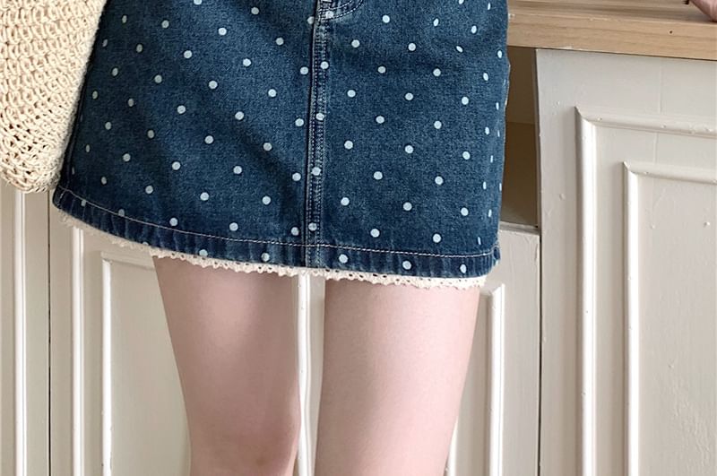 Mid Rise Dotted Denim Mini A-Line Skirt