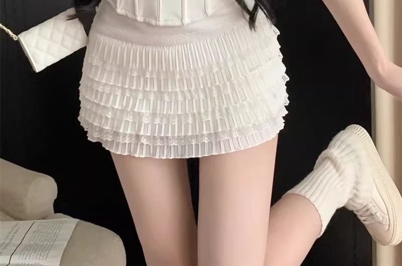 High Waist Plain Lace Trim Tiered Mini A-Line Skirt