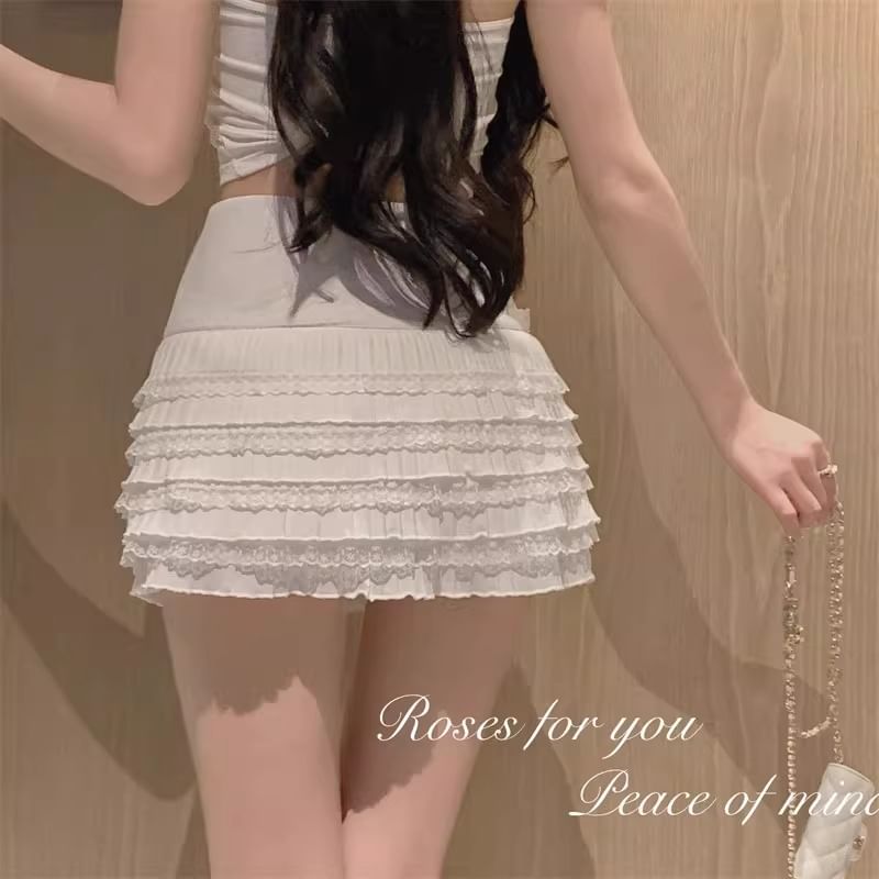 High Waist Plain Lace Trim Tiered Mini A-Line Skirt