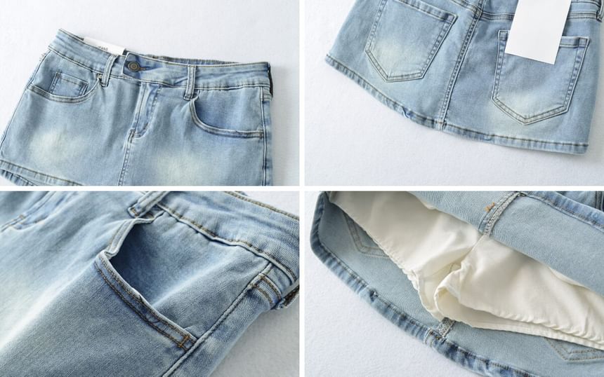 Low Rise Washed Denim Mini Pencil Skirt