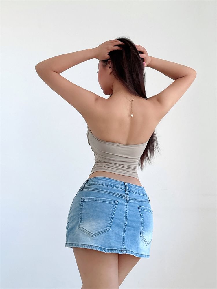 Low Rise Washed Denim Mini Pencil Skirt