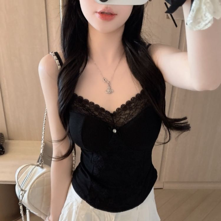Spaghetti Strap Plain Lace Panel Camisole Top