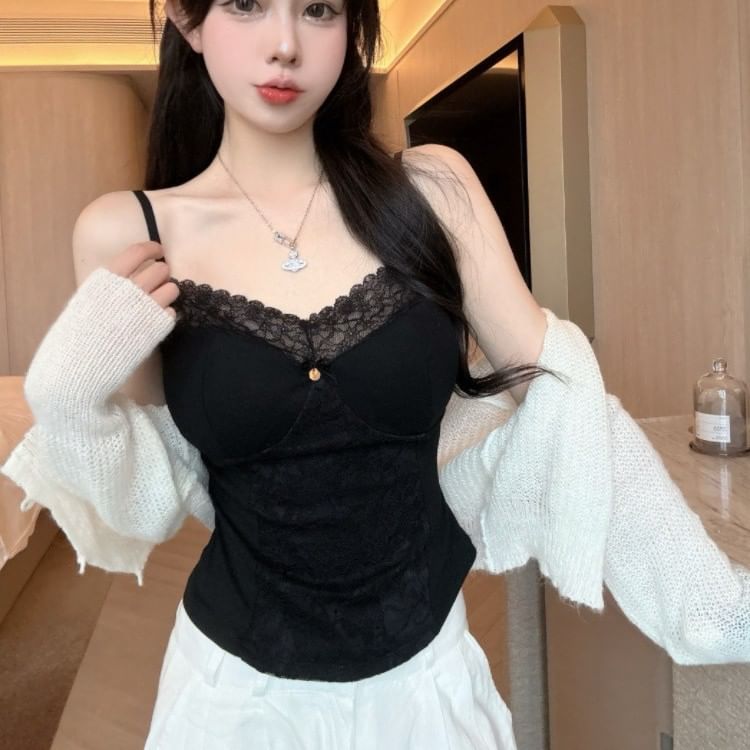 Spaghetti Strap Plain Lace Panel Camisole Top