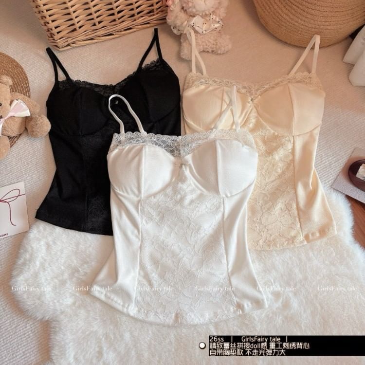 Spaghetti Strap Plain Lace Panel Camisole Top