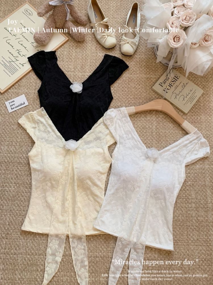 Short-Sleeve V-Neck Lace Panel Top