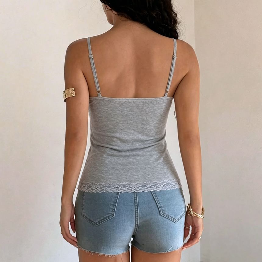 V-Neck Plain Lace-Trim Slim-Fit Crop Camisole Top