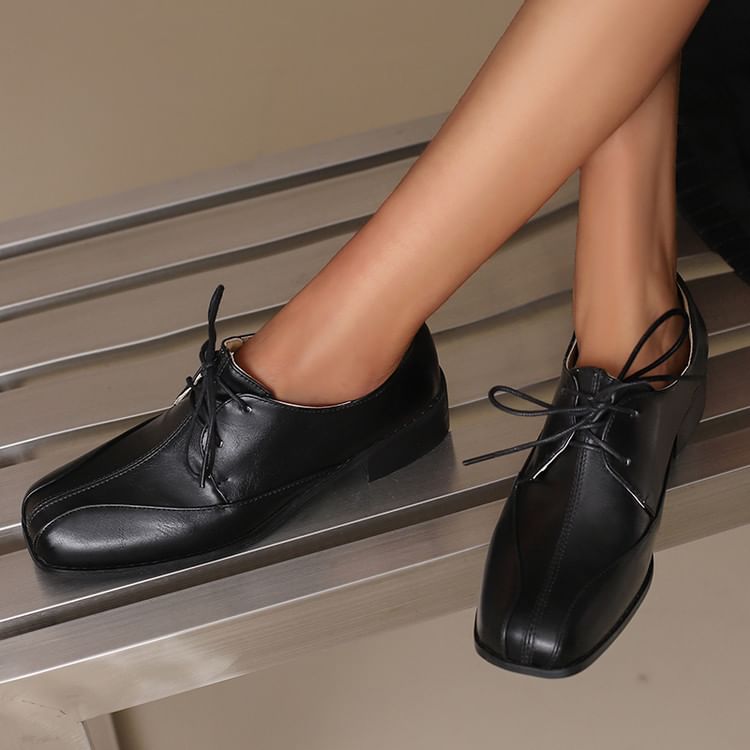 Chunky Heel Square Toe Lace-Up Faux Leather Derby Shoes