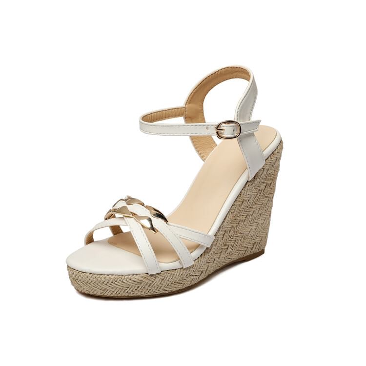 Wedge Heel Metal Accent Faux Leather Espadrille Sandals