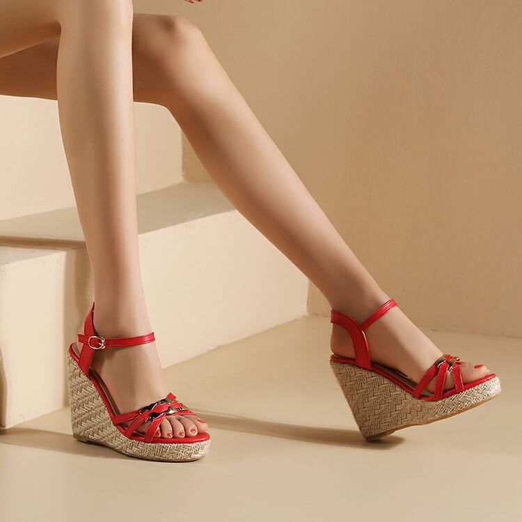 Wedge Heel Metal Accent Faux Leather Espadrille Sandals