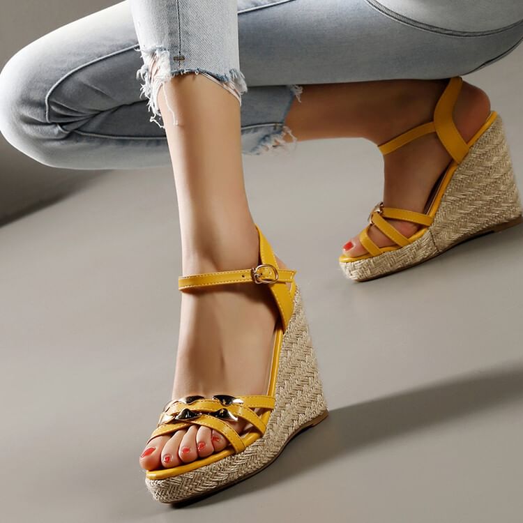 Wedge Heel Metal Accent Faux Leather Espadrille Sandals