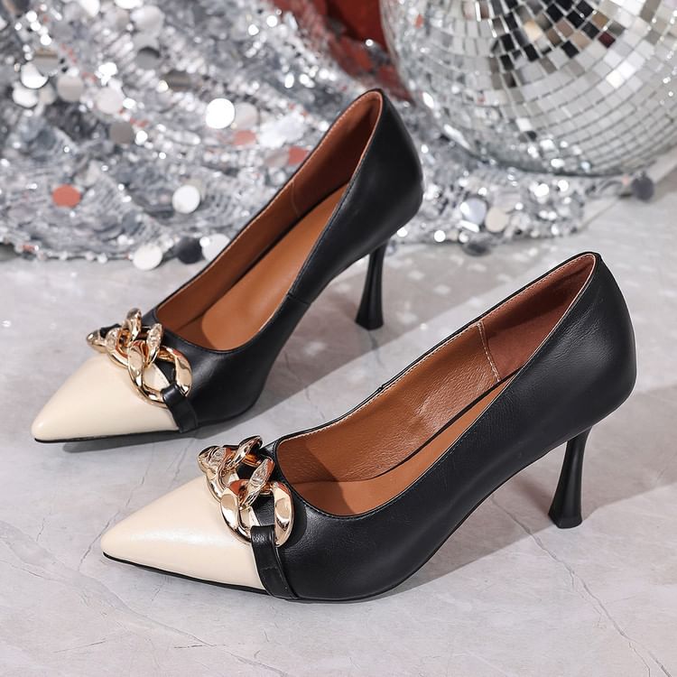 Stiletto Cap Toe Chained Faux Leather Pumps