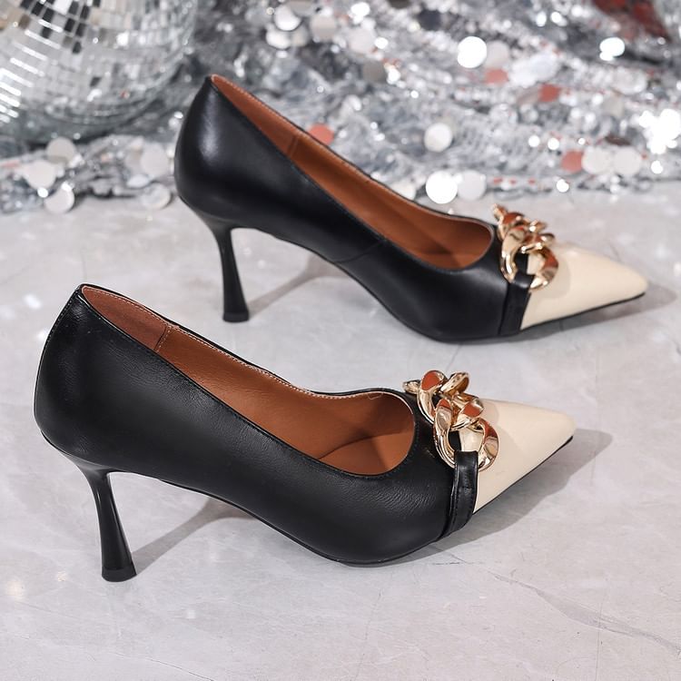 Stiletto Cap Toe Chained Faux Leather Pumps