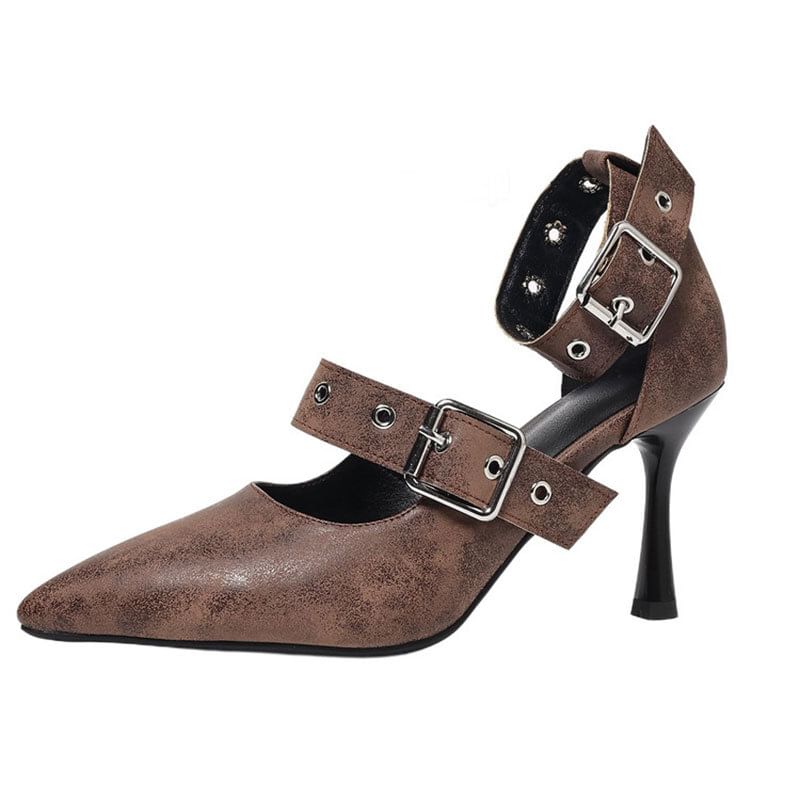 Stiletto Pointed Toe Ankle Strap Faux Leather D'Orsay Pumps