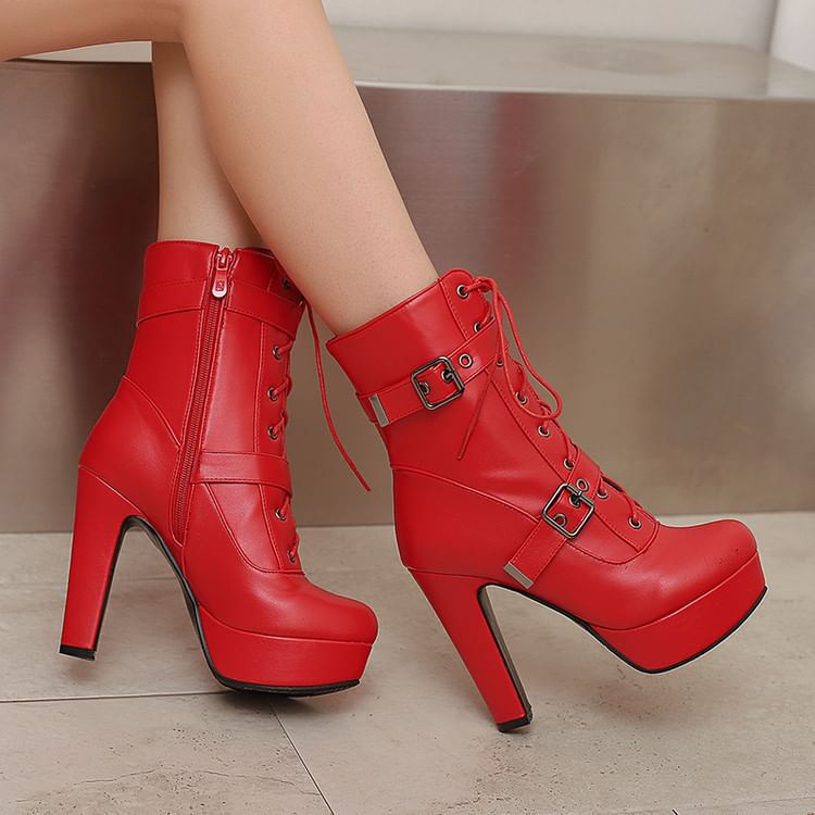 Platform Plain Buckled Lace-Up Faux Leather Short Boots