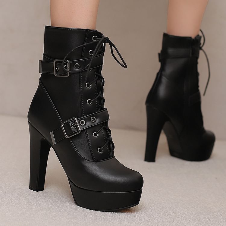 Platform Plain Buckled Lace-Up Faux Leather Short Boots