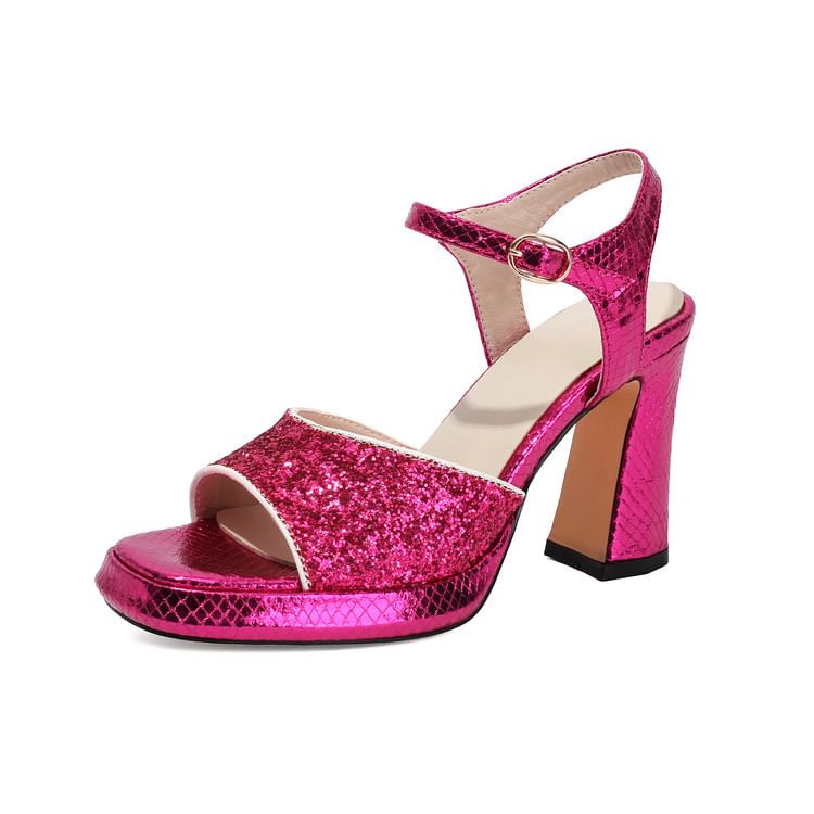Chunky Heel Square Toe Sequin Sandals