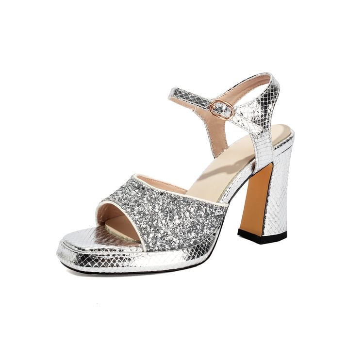 Chunky Heel Square Toe Sequin Sandals