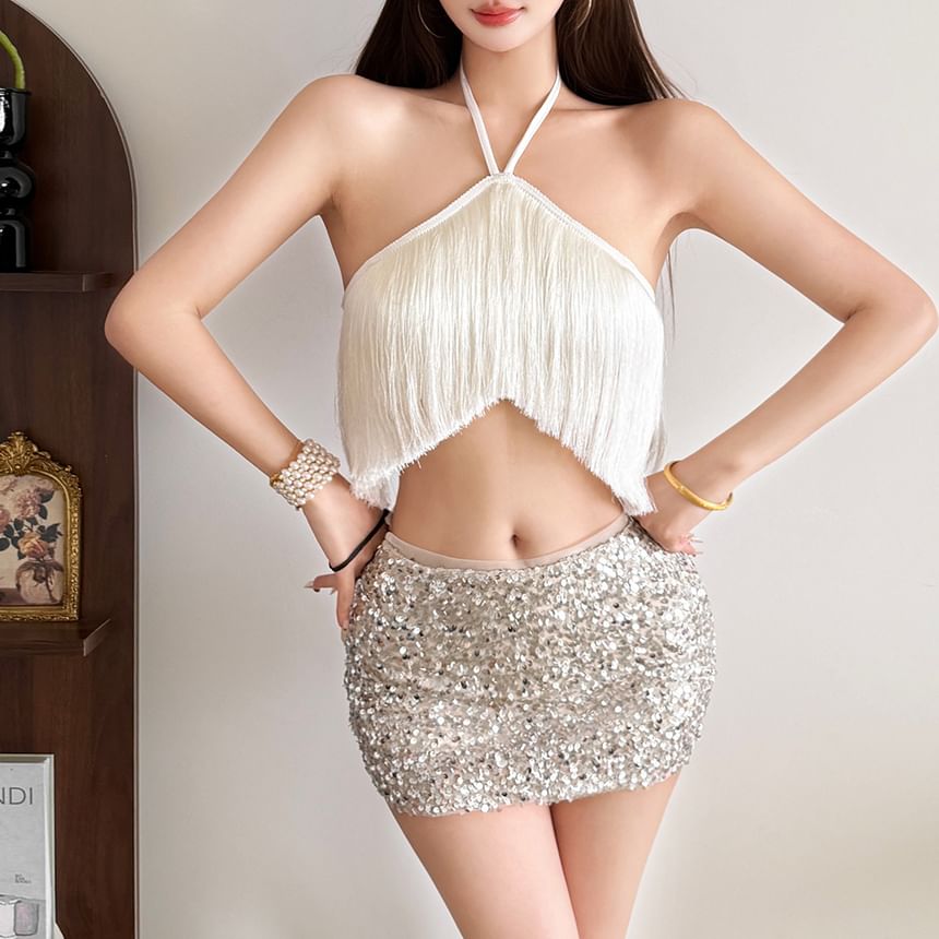 Halter-Neck Plain Tasseled Crop Top / Low Rise Sequined Mini Pencil Skirt