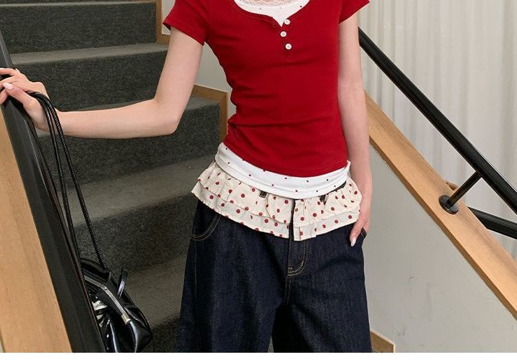 Mock Two-Piece Short-Sleeve Two-Tone Lace Trim Henley T-Shirt