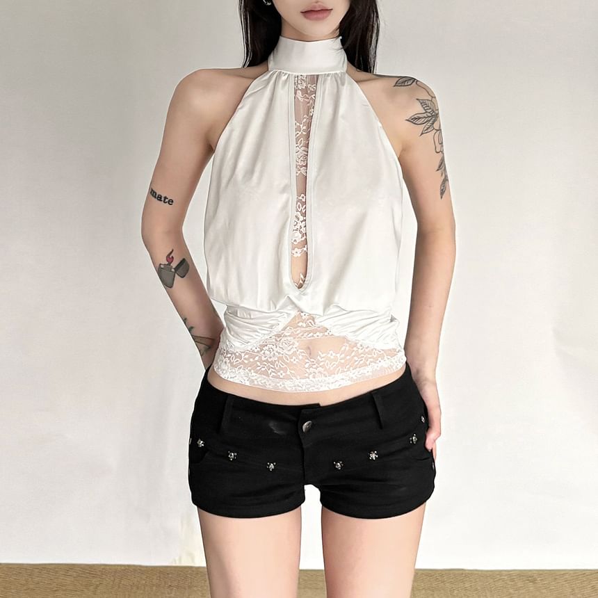 Halter-Neck Lace Panel Crop Top
