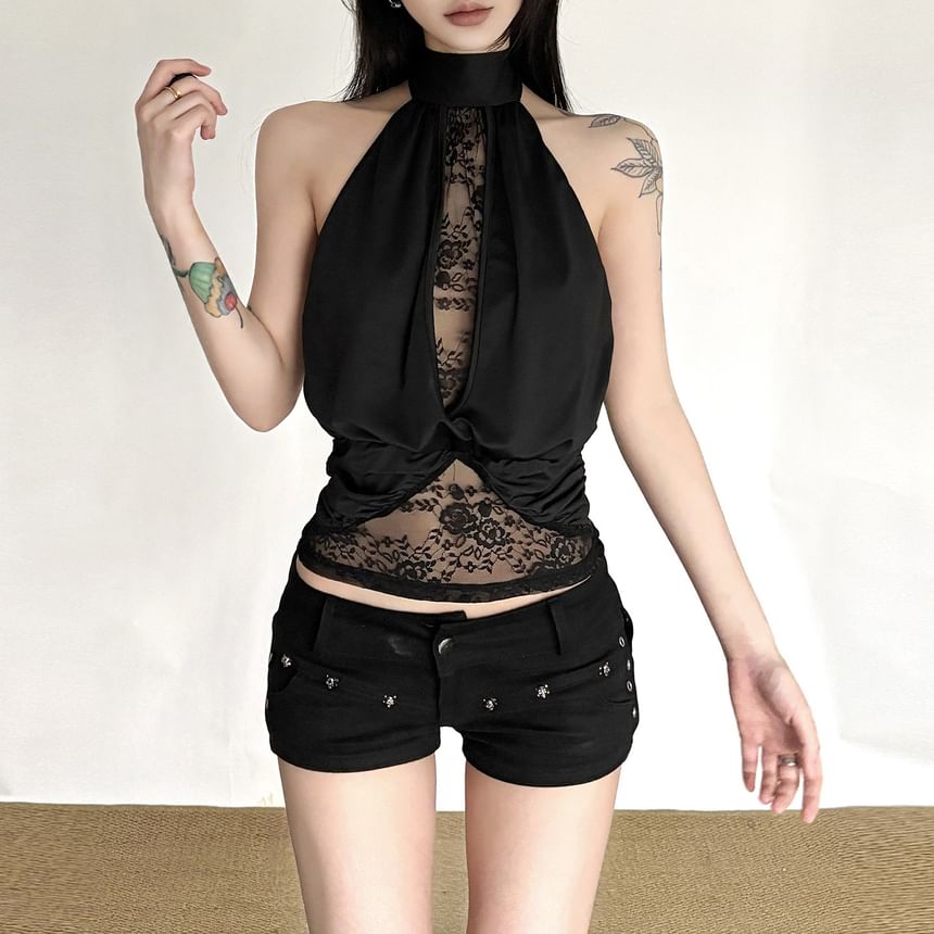 Halter-Neck Lace Panel Crop Top