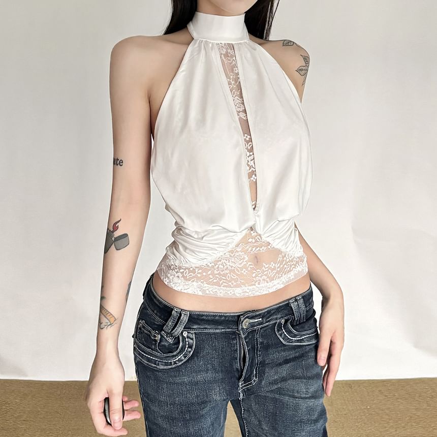 Halter-Neck Lace Panel Crop Top