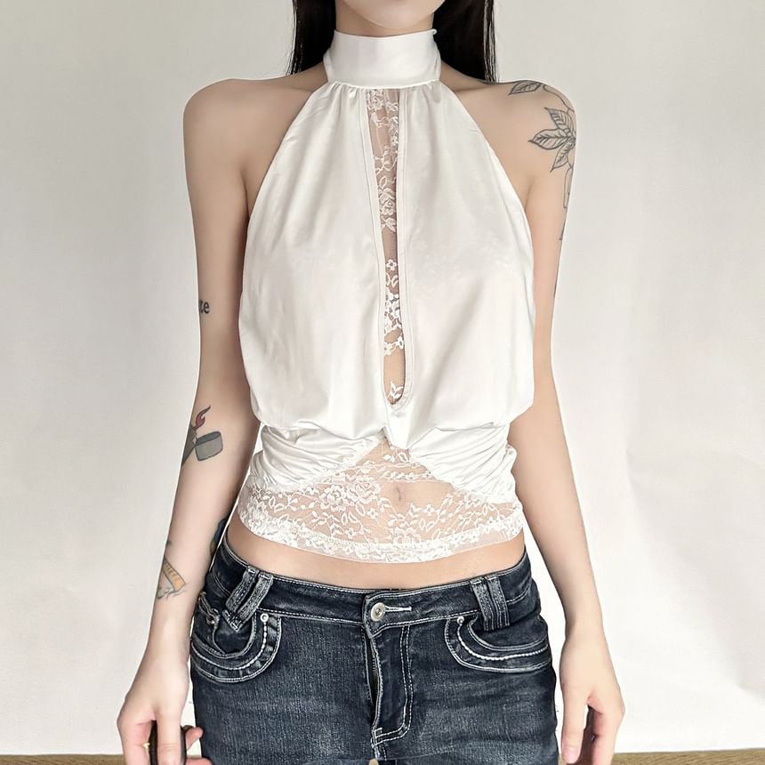 Halter-Neck Lace Panel Crop Top