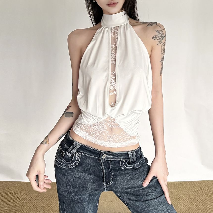 Halter-Neck Lace Panel Crop Top