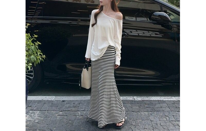 Long-Sleeve Off-Shoulder Plain Sheer T-Shirt / High Waist Striped Maxi Mermaid Skirt