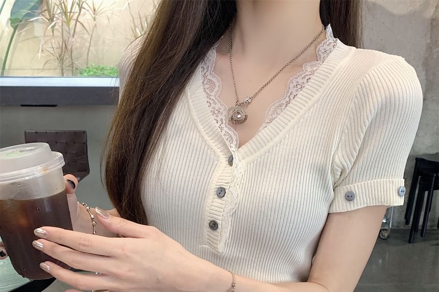 Short-Sleeve V-Neck Plain Lace Trim Ribbed Knit T-Shirt