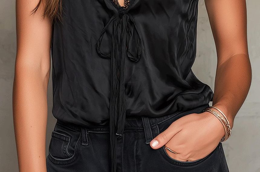 Short-Sleeve V-Neck Plain Lace Trim Blouse